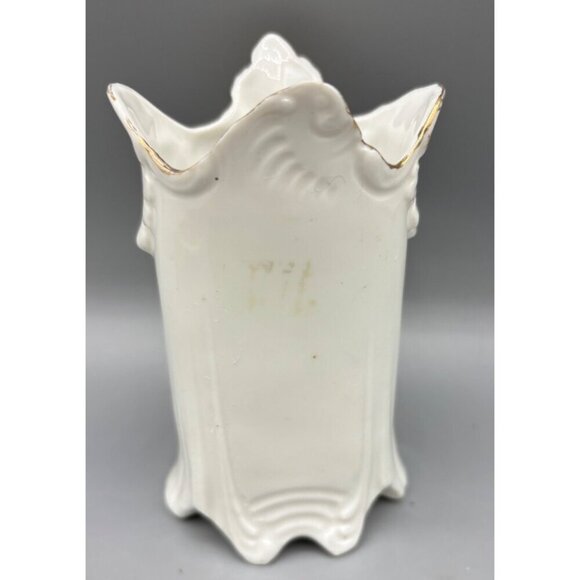 Antique White‎ Porcelain Bud Vase Gold Tone Leaf Design Ornate Scalloped Edge - Picture 4 of 6